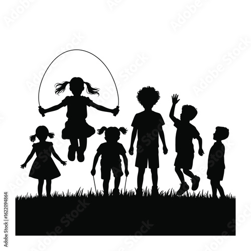 Silhouettes of diverse children joyfully playing and jumping rope on a grassy field