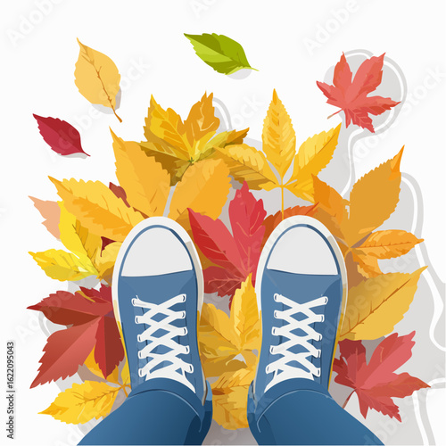 Feet walking over autumn leaves, wearing sneakers, top-down view