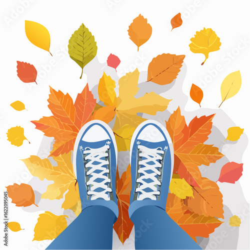 Feet walking over autumn leaves, wearing sneakers, top-down view