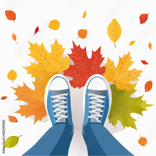 Feet walking over autumn leaves, wearing sneakers, top-down view