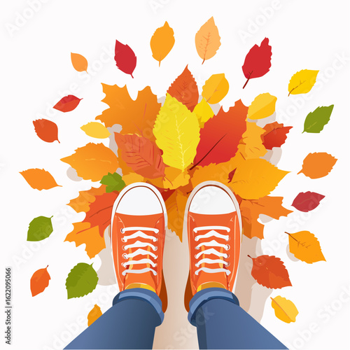 Feet walking over autumn leaves, wearing sneakers, top-down view