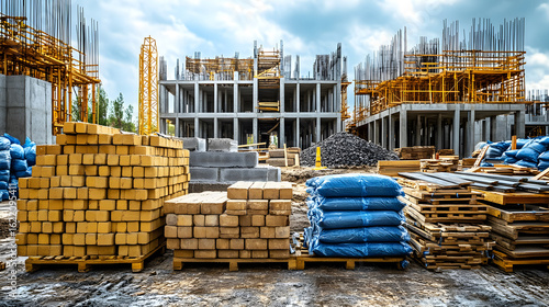 Set of construction materials including bricks, steel, wood, and cement.