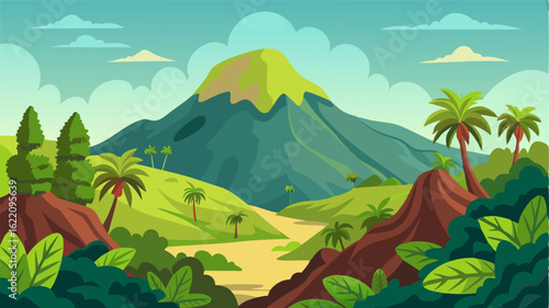 The lush vegetation that covers the islands hillsides contrasts starkly with the barren rocky landscape near the volcano.