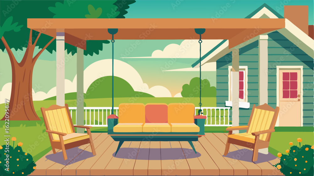 Fototapeta premium Porch swings and wicker furniture adorn many of the front porches inviting residents to relax and enjoy the pleasant suburban surroundings.