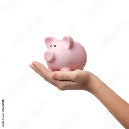Pink piggy bank held in a hand against a black background.