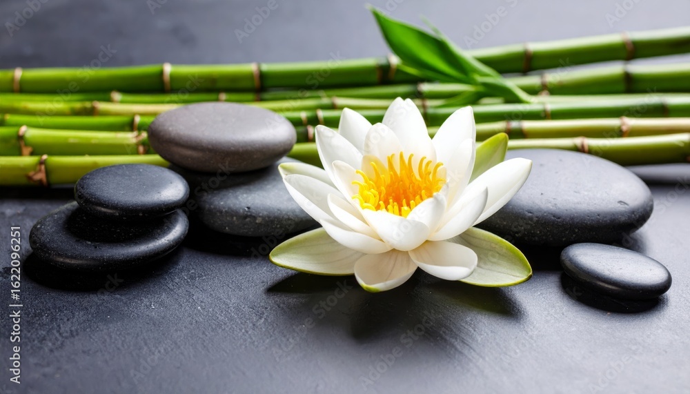 Fototapeta premium Serene Spa Composition White Water Lily, Black Stones, Bamboo, Dark Background, Wellness, Relaxation Spa, Zen
