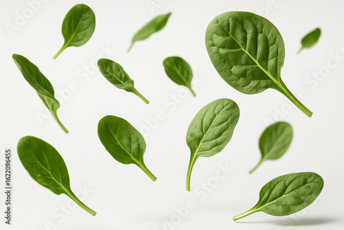 Fresh Spinach Leaves Fluttering in Air on White Background