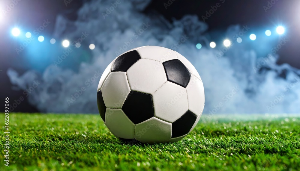 Fototapeta premium Soccer Ball on Grassy Field with Stadium Lights and Smoke Composition, Image Details, Concept, Soccer, Football Soccer, Football