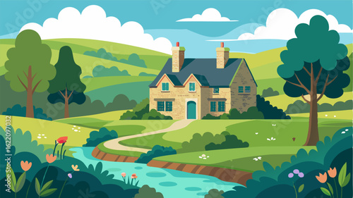 This idyllic country estate boasts a traditional stone house surrounded by acres of wildflower meadows ancient oak trees and babbling streams.