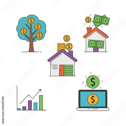 Money finance housing investment and stock market icons set