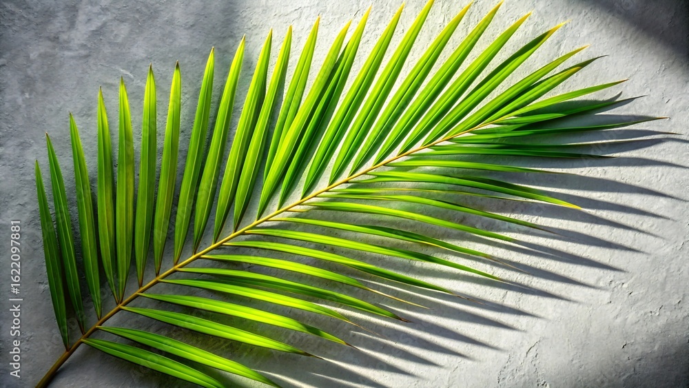 Fototapeta premium Photo of a vibrant green palm leaf casts a distinct shadow on a textured grey concrete surface, highlighted by natural sunlight