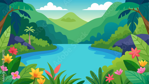 The lagoon is a tranquil paradise framed by lush green foliage and framed by colorful flowers that bloom along its banks.