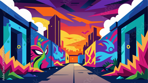 Street art and graffiti cover the walls of abandoned buildings transforming them into vibrant canvases.