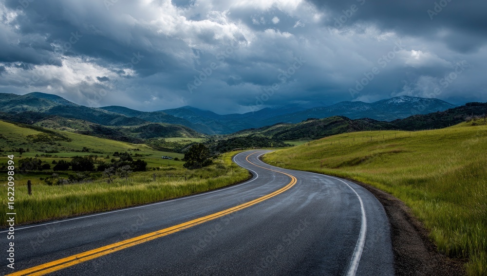 Fototapeta premium Winding mountain road under stormy skies, scenic drive, travel