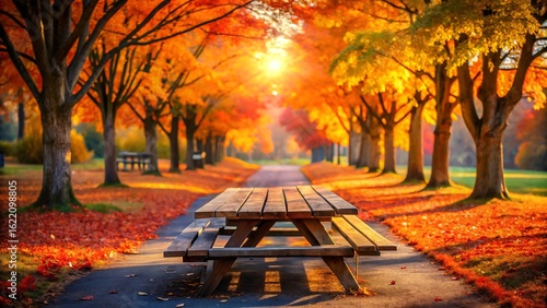 Fototapeta Naklejka Na Ścianę i Meble -  Photo of a wooden picnic table sits on a path lined with trees in vibrant autumn colors, bathed in warm sunlight