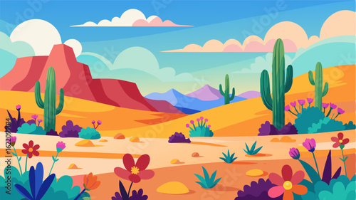 The desert comes alive in a riot of color as the spring rains bring forth a colorful array of desert blooms transforming the barren landscape into a vibrant tapestry.
