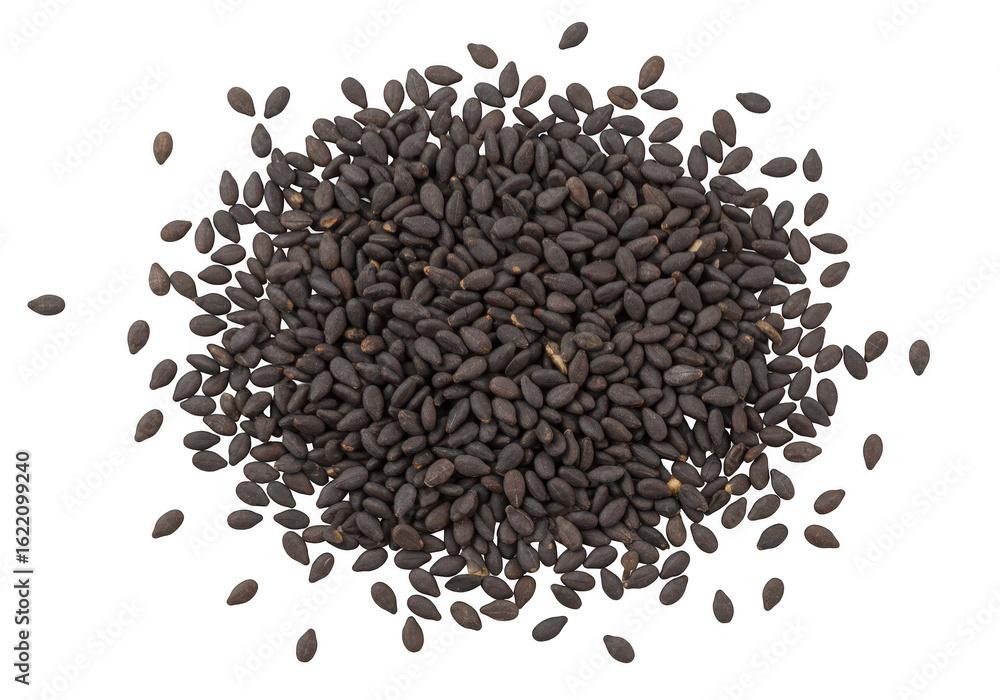 A closeup overhead view captures a cluster of small dark black sesame seeds spread across a stark transparent background highlighting their texture A closeup overhead view captures a cluster of small dark black sesame seeds spread across a stark transparent background highlighting their texture