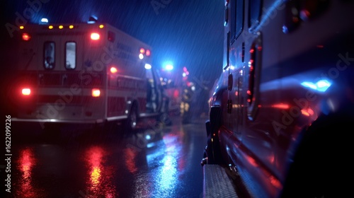 Nighttime scene outside a hospital with emergency vehicles, flashing red and blue lights reflecting on wet ground,