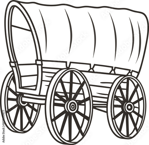 Covered wooden wagon illustration with large spoked wheels, frontier travel transport, vintage hand drawn
