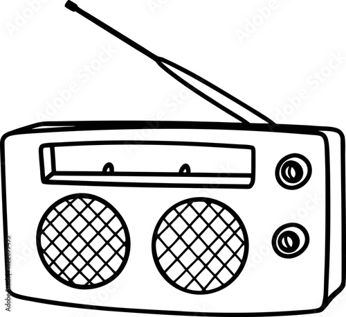 Retro portable radio device with antenna, large speakers, and control knobs simple black and white outline illustration