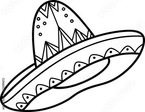 Traditional decorative sombrero illustration black and white mexican hat line art, festive cultural costume accessory outline