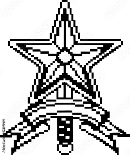 Pixel art star emblem with sword and banners retro monochrome symbol for military rank, achievement, gaming badge, pixel design