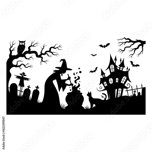 Spooky halloween silhouette scene with witch haunted house and graveyard