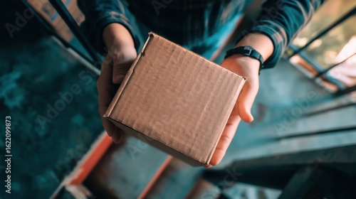 Close up of hands holding an empty brown cardboard box near metal structures, wearing a wristwatch,