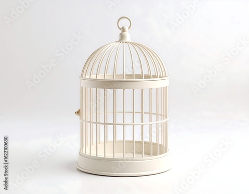 A small, empty, white birdcage sits on a white background