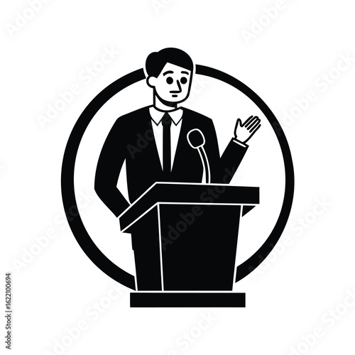 Man giving a speech at a podium within a circular frame
