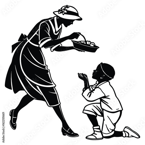 A generous woman serving food to a young kneeling boy in a classic silhouette