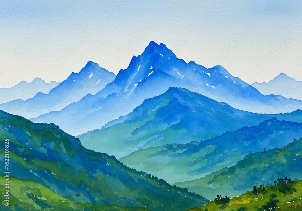 Fototapeta premium Serene Blue Mountains: Watercolor Landscape Painting