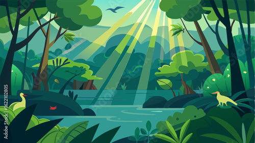 Sunlight filters through the lush green canopy of the mangrove forest illuminating the rich variety of plants and animals below.