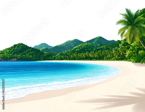 Wide Landscape Scene of Calm Tropical Bay with Gentle Waves and Dense Jungle Hills, PNG Isolated.