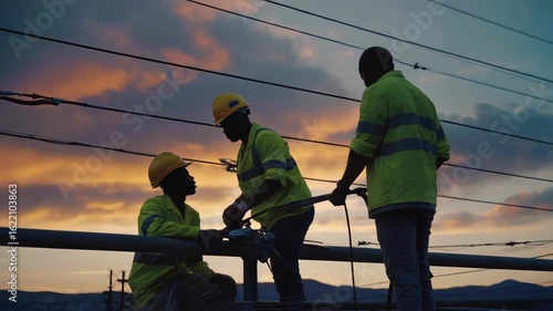 Three powerline technicians in reflective safety gear working at dusk to maintain essential electrical infrastructure, highlighting teamwork, labor force, field service, dedication in energy industry