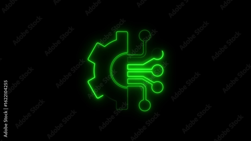 Obraz premium Futuristic technology concept illustration representing gear and circuitry symbols in neon green