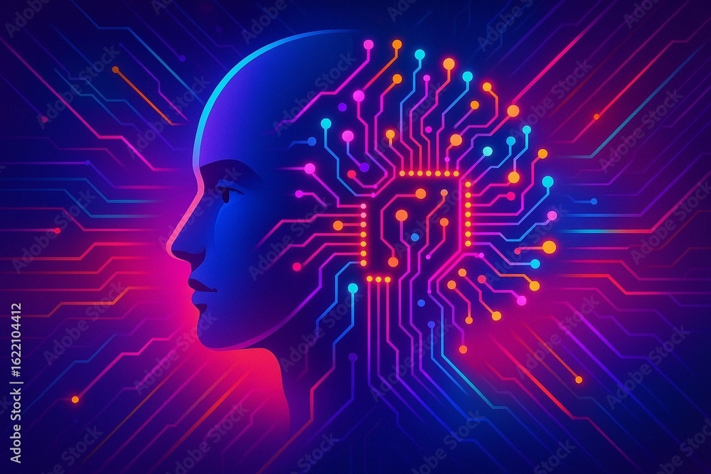 Obraz premium AI-Powered Human Mind – Futuristic Abstract Illustration of Technology and Neural Circuits