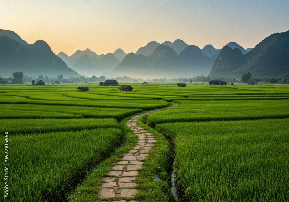 Obraz premium Serene stone path winds through lush green rice terraces towards misty mountains