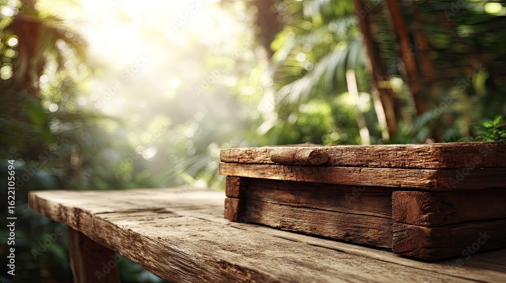 Naklejka premium Rustic wooden box on a jungle table