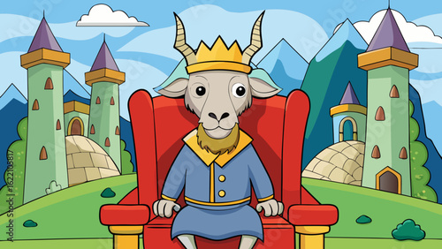 Funny goat dressed as a king sitting on a throne castle background royal fantasy cartoon vector illustration
