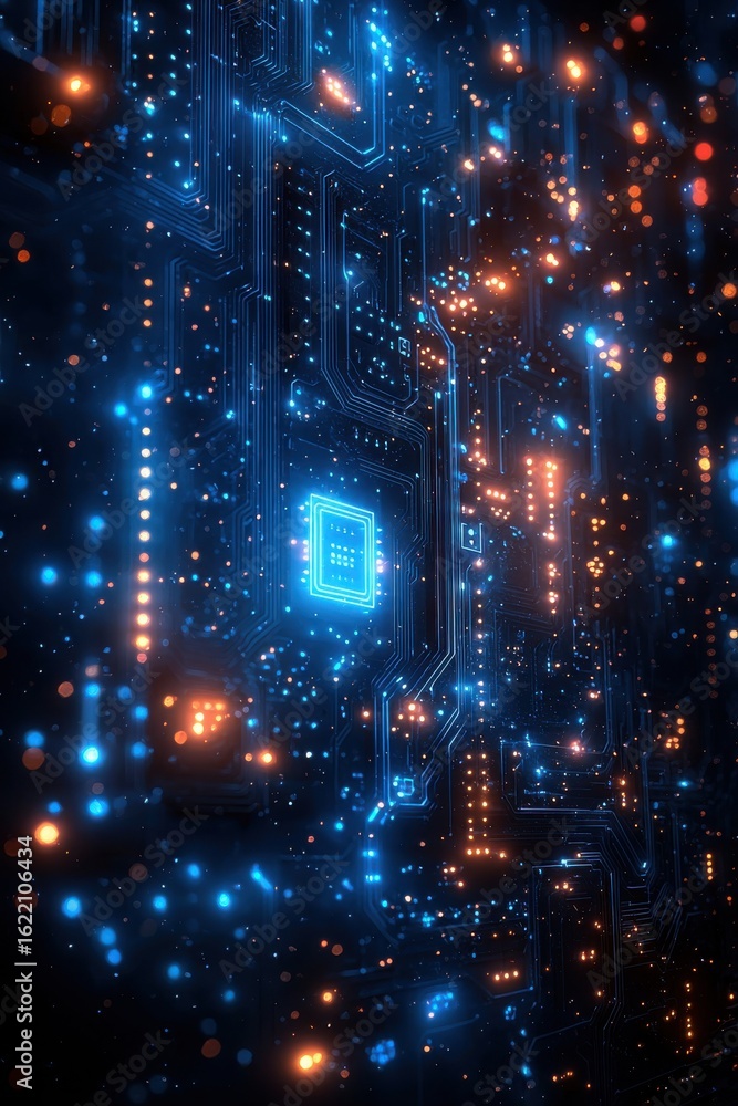 Naklejka premium Abstract vibrant circuit board with glowing blue and orange lights