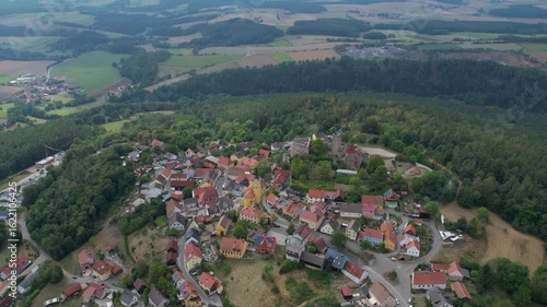 Aerial around the old town Leuchtenberg in Germany on a sunny day in spring