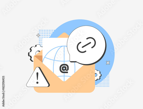Business email compromise detection with email fraud prevention, phishing link monitoring, secure inbox audit and cyber threat analysis for corporate e-mail data protection vector illustration