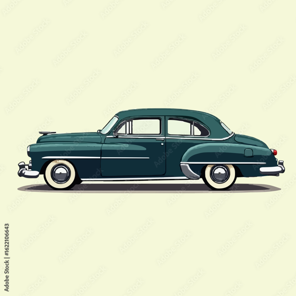 Fototapeta premium Timeless classic dark teal sedan glides elegantly, showcasing vintage automotive design with iconic chrome accents and whitewall tires, perfect for nostalgic projects and retro automotive passion.