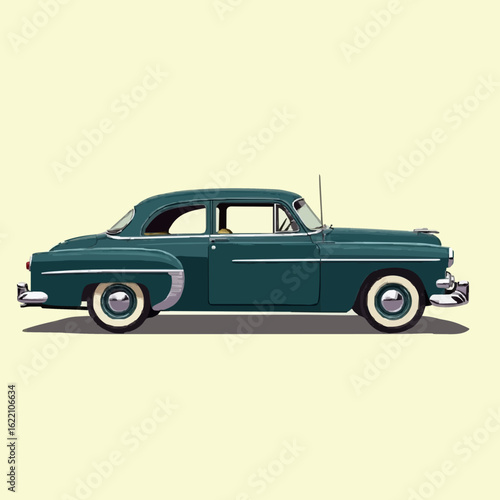 Classic dark teal vintage coupe car from the 1950s side profile, showcasing elegant chrome details and iconic design for automotive enthusiasts and retro style projects.