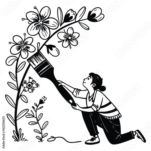 Artistic illustration of a person painting blossoming flowers with a large brush