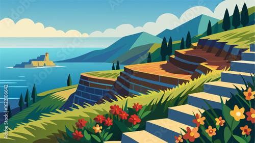 Terraced fields overlooking the sparkling Mediterranean sea with a foreground of rugged stone walls and wildflowers swaying in the gentle breeze.