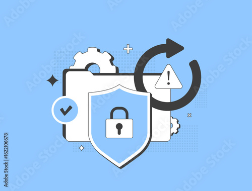 Ransomware attack recovery process with shield, folder protection, password security. Ransomware attack recovery data restoration for cybersecurity and digital risk prevention vector illustration