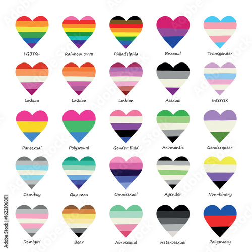 Free Download Set of colorful LGBTQ+ pride flag heart shape Gender equality and sexual identity pride flags collection LGBTQIA community pride month - GFXLoad