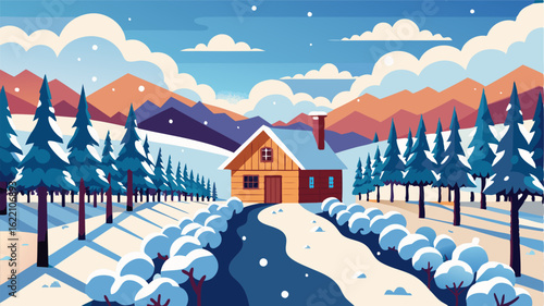 The first snowfall covers the vineyard in a blanket of white creating a breathtaking winter wonderland. A cozy cabin sits nestled ast the trees providing a warm and inviting